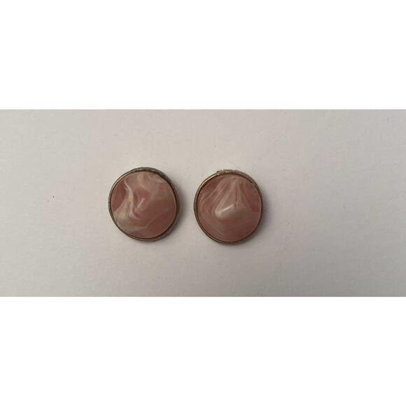 Vintage KRAMER Pink Marble Glass Clip On Earrings Silver Tone Signed - Picture 4 of 8